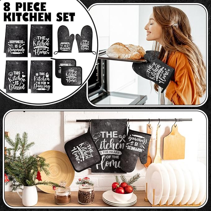 Leinuosen 8 Pcs Kitchen Towels and Oven Mitts Sets Pot Holders Dishcloths Set Kitchen Decorative Accessories Absorbent Potholders Heat Resistant for Chef Baking Cooking - Image 2