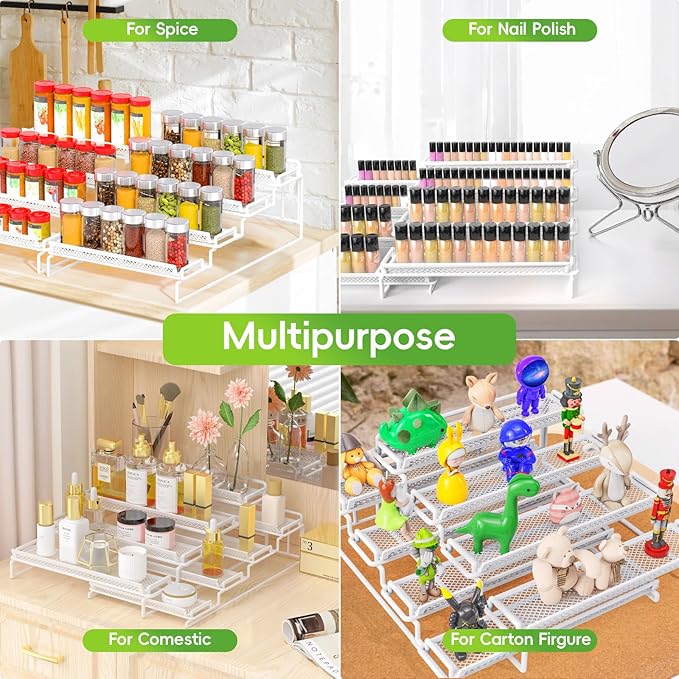4 Tier Adjustable Spice Rack Organizer for Cabinet - White (2 PCS S&L) Expandable Spice Shelf with Protection Railing for Inside Cabinets, Countertop, Pantry Storage & Seasoning Organization - Image 3