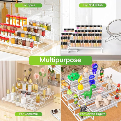 4 Tier Adjustable Spice Rack Organizer for Cabinet - White (2 PCS S&L) Expandable Spice Shelf with Protection Railing for Inside Cabinets, Countertop, Pantry Storage & Seasoning Organization - Image 3