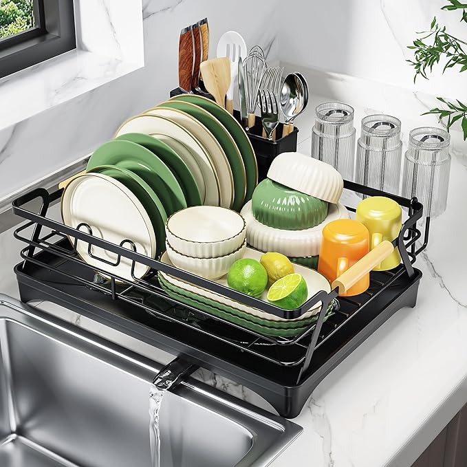Epicano Dish Drying Rack for Kitchen Counter - Large Capacity Dish Rack with Wooden Handle,Cup Holder & Knife Slots, Rustproof Dish Drainer with Auto-Drainage System, Kitchen Sink Organizer, Black by Epicano