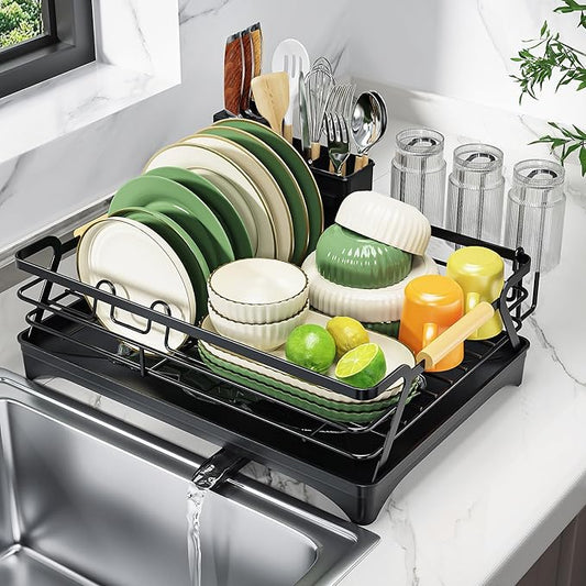 Epicano Dish Drying Rack for Kitchen Counter - Large Capacity Dish Rack with Wooden Handle,Cup Holder & Knife Slots, Rustproof Dish Drainer with Auto-Drainage System, Kitchen Sink Organizer, Black by Epicano