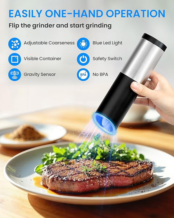 Gravity Electric Pepper and Salt Grinder Set of 2 Pack, One Hand Automatic Shakers Mill, Adjustable Coarseness, Battery Powered with LED Light, Brushed Stainless Steel Perfect for Kitchen - Image 2