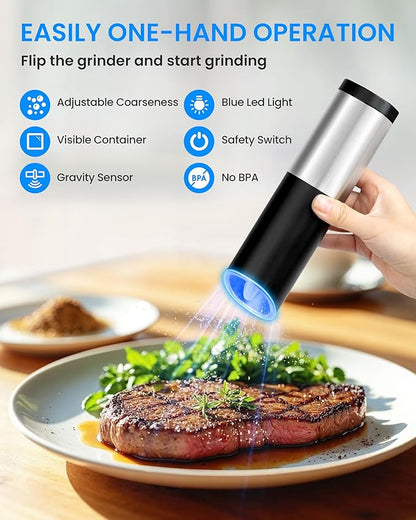 Gravity Electric Pepper and Salt Grinder Set of 2 Pack, One Hand Automatic Shakers Mill, Adjustable Coarseness, Battery Powered with LED Light, Brushed Stainless Steel Perfect for Kitchen - Image 2