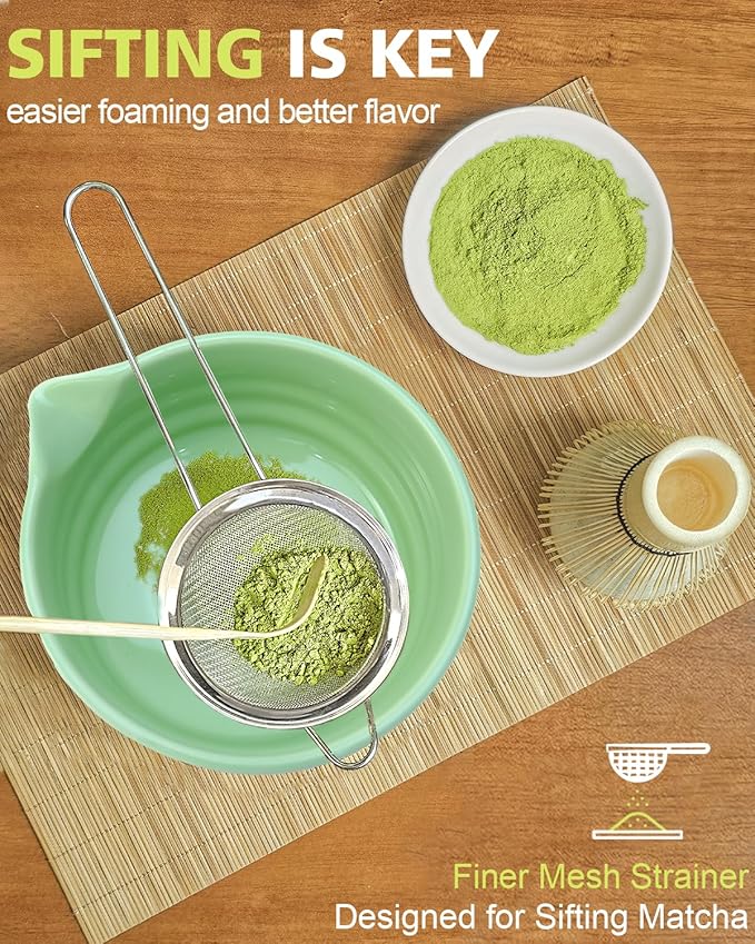 Vaiheng Matcha Whisk Set with Matcha Bowl, Matcha Whisk Holder Matcha Bamboo Whisk, Scoop, Sifter, Unique Gifts for Women Men Girl Friend Home Kitchen Decor（Light Green） - Image 2