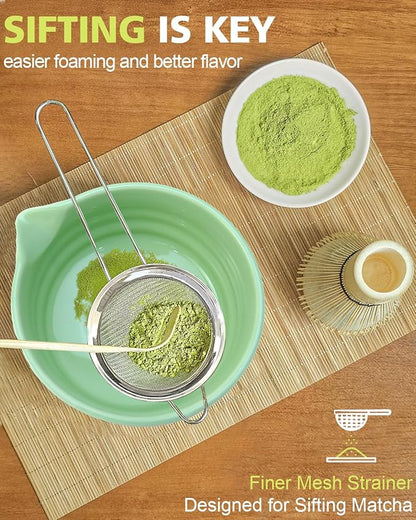 Vaiheng Matcha Whisk Set with Matcha Bowl, Matcha Whisk Holder Matcha Bamboo Whisk, Scoop, Sifter, Unique Gifts for Women Men Girl Friend Home Kitchen Decor（Light Green） - Image 2