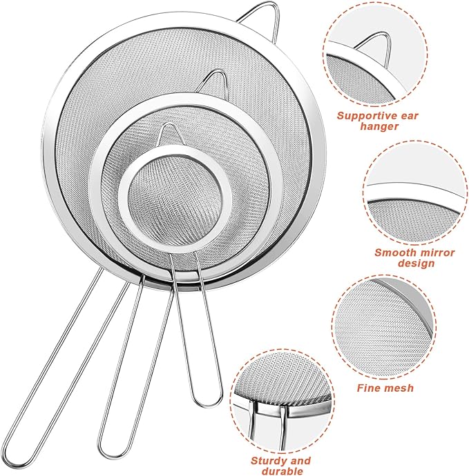 3Pcs Super Wire Extra Fine Mesh Strainer with Handle, Small Medium Large Size Sifter Metal Strainer Set, Stainless Steel Sieve Fine Mesh Strainers for Kitchen Rice Juice Quinoa Food Flour Baking YLYL - Image 3