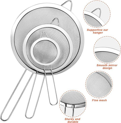 3Pcs Super Wire Extra Fine Mesh Strainer with Handle, Small Medium Large Size Sifter Metal Strainer Set, Stainless Steel Sieve Fine Mesh Strainers for Kitchen Rice Juice Quinoa Food Flour Baking YLYL - Image 3