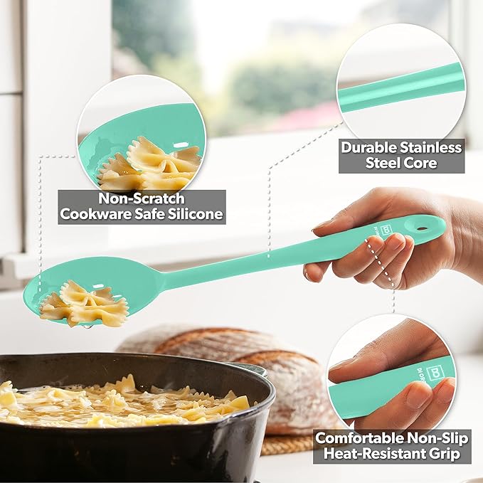 DI ORO Silicone Spoons for Cooking - Large Kitchen Spoons for Mixing, Serving, & Stirring - 600°F Heat-Resistant Non Stick Utensils – Big Solid & Slotted Basting Spoons - Dishwasher Safe (2pc, Mint) - Image 3