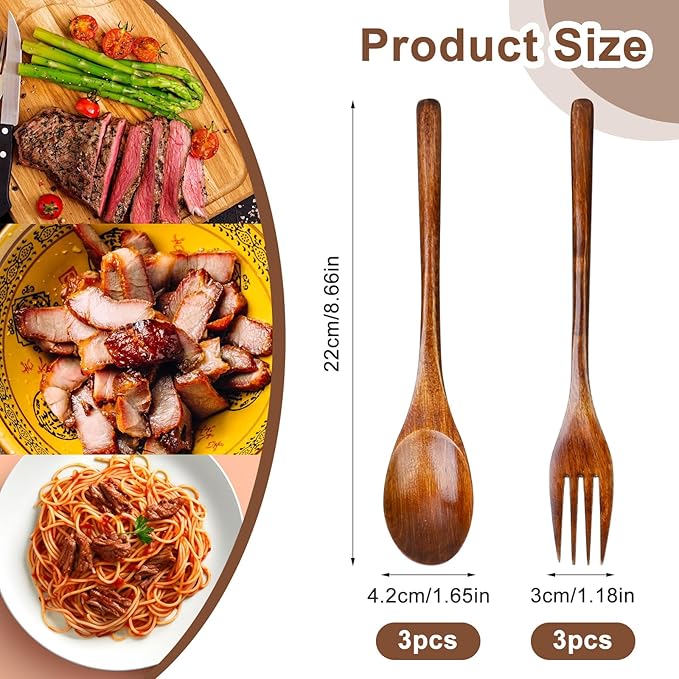6 Pcs Wooden Forks and Spoons Reusable Wooden Spoons Forks Set Eating Utensil Set wooden Cutlery Wood Dinnerware Set Wood Kitchen Tableware Bamboo Utensils for Stirring Cooking Eating - Image 2
