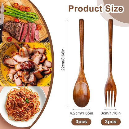 6 Pcs Wooden Forks and Spoons Reusable Wooden Spoons Forks Set Eating Utensil Set wooden Cutlery Wood Dinnerware Set Wood Kitchen Tableware Bamboo Utensils for Stirring Cooking Eating - Image 2