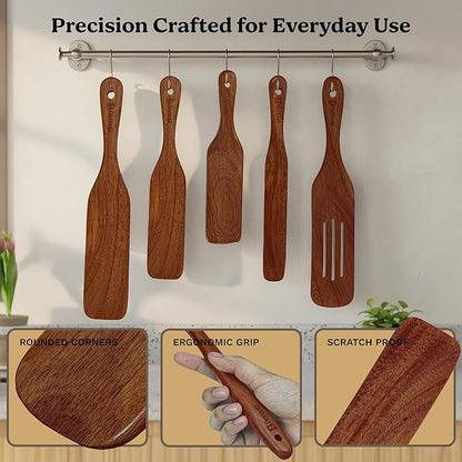 5-Piece Wooden Spurtle Set – Acacia Wood Kitchen Tools for Cooking, Mixing & Stirring – Non-Stick Safe Spurtle Spatula Set