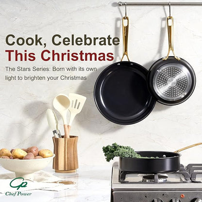 Chef Power Ceramic Frying Pan with Stainless Steel handle 5Pcs Set, Non-toxic Non Stick Grill Pan Set, Induction, Dishwasher and Oven Safe, Stone Black & Light Gold Handle, 8'', 9'', 11'' Skillet - Image 7