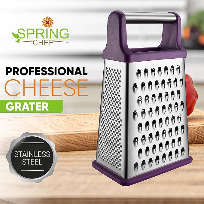 Spring Chef Purple Professional Stainless Steel XL Parmesan Cheese Grater with Handle - Manual Box Grater for Kitchen, 4 Sides, Dishwasher Safe Food Shredder for Vegetable, Potato, Hard Cheese, Carrot - Image 2