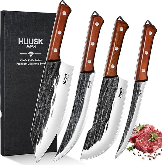 Huusk Butcher Knife Set, 4 PCS Hand Forged BBQ Knife Set for Meat Cutting, Sharp Meat Carving Breaking Knives with Ergonomic Handle, Christmas Gifts for Men Women