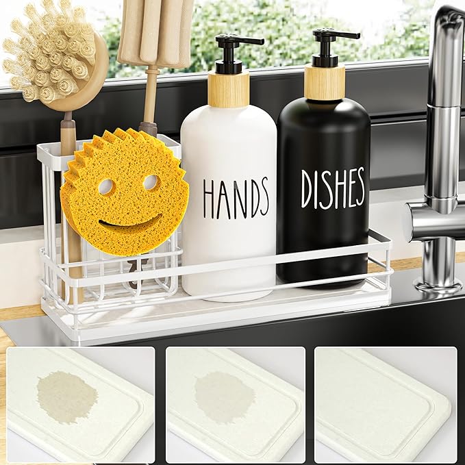Moforoco Kitchen Dish Soap Dispenser Set, 16OZ Glass Bottle, Hand and Dish Soap Dispenser Set, Instant Dry Tray, Brush Holder with Smiley Face Sponge Holder (White Tray+Black&White Bottle) by MOFOROCO