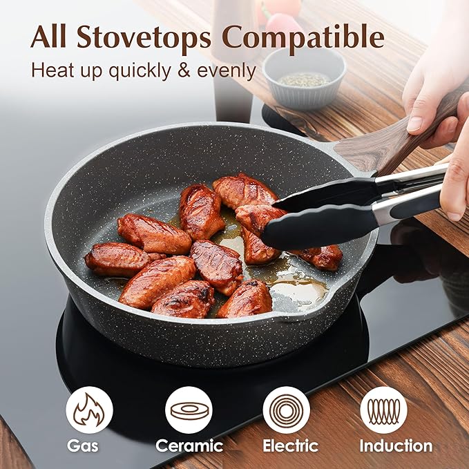 SENSARTE Nonstick Skillet, Deep Frying Pan 10/11/12-inch, Saute Pan with Lid, Stay-cool Handle, Healthy Stone Cookware Cooking Pan, Induction Compatible (10-Inch/3.5QT) - Image 3