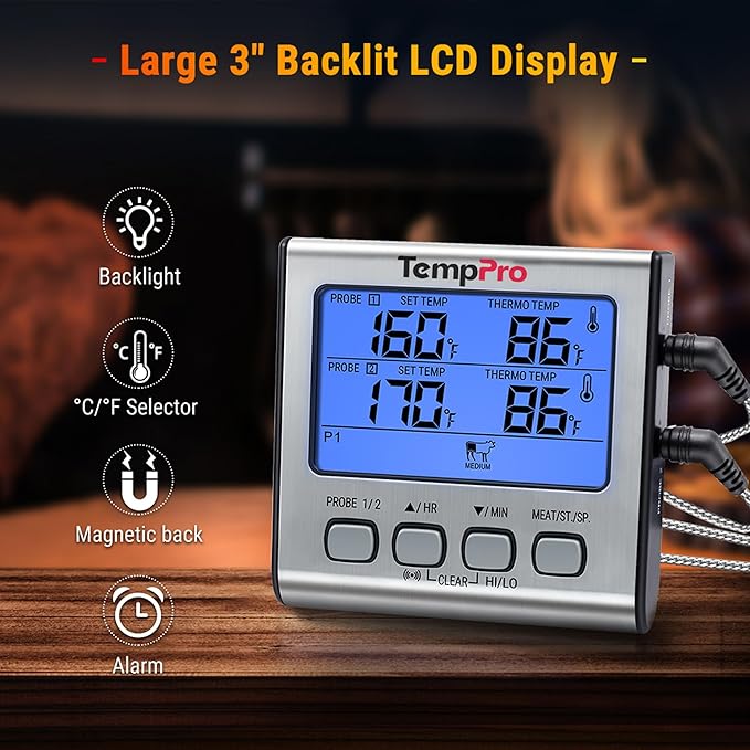 TempPro TP17 Dual Probe Digital Cooking Meat Thermometer Large LCD Backlight Food Grill Thermometer with Timer Mode for Smoker Kitchen Oven BBQ, Silver (Previously ThermoPro) - Image 7