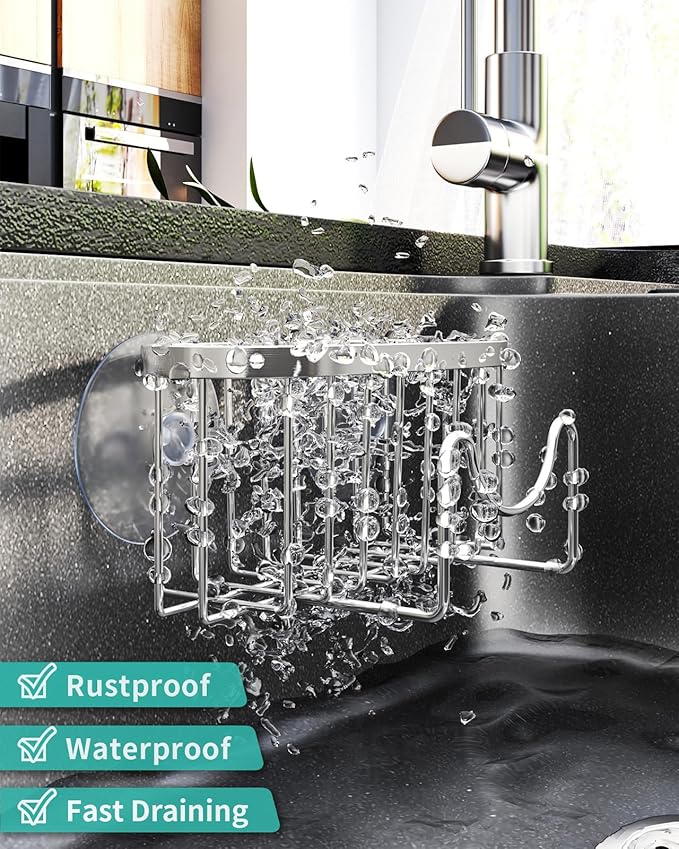 HapiRm Multifunctional Adhesive Kitchen Sink Organizer with M-Shaped, 2 Installation Methods Kitchen Sponge Holder, Rustproof Sponge Caddy for Brush, Sink Stopper and Scraper -Silver - Image 4