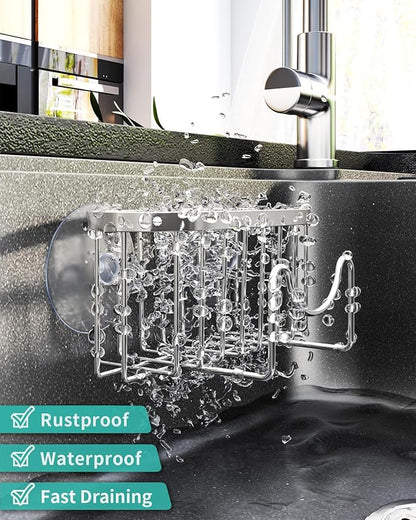 HapiRm Multifunctional Adhesive Kitchen Sink Organizer with M-Shaped, 2 Installation Methods Kitchen Sponge Holder, Rustproof Sponge Caddy for Brush, Sink Stopper and Scraper -Silver - Image 4