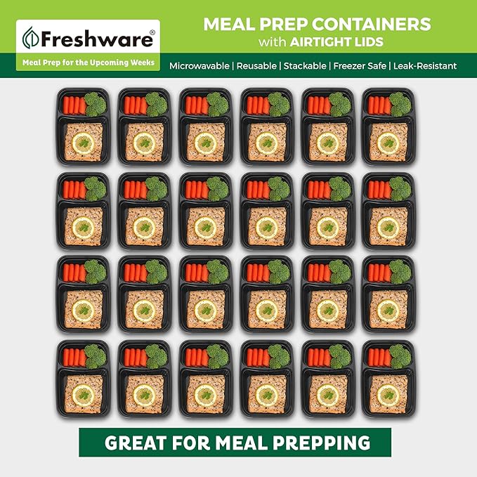 Freshware Meal Prep Containers with Lids 28 oz [150 Pack] 2-Compartment Food Storage Containers, Bento Box Lunch Containers, BPA Free, Airtight, Stackable, Reusable, Microwave/Dishwasher/Freezer Safe