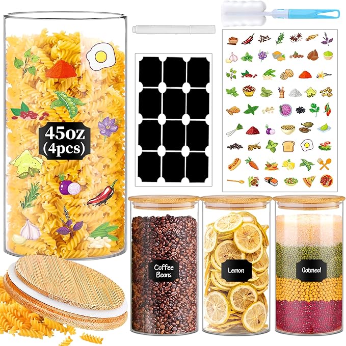 BGraceyy Glass Storage Jars 45 oz 4 Pcs Clear Glass Food Storage Containers with Airtight Bamboo Lid Stackable Kitchen Canisters for Candy, Cookie, Rice, Sugar, Flour, Pasta, Nuts by BGraceyyMoments