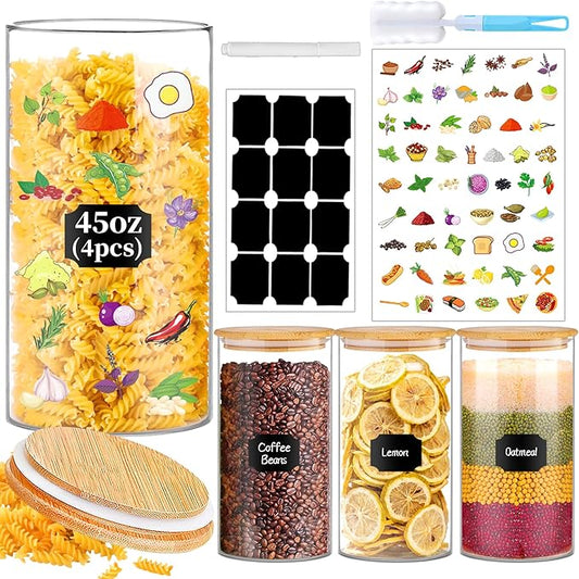 BGraceyy Glass Storage Jars 45 oz 4 Pcs Clear Glass Food Storage Containers with Airtight Bamboo Lid Stackable Kitchen Canisters for Candy, Cookie, Rice, Sugar, Flour, Pasta, Nuts by BGraceyyMoments