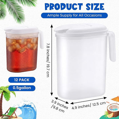 12 Pcs 2 Quart / 0.5 Gallon Plastic Pitchers with Lids Iced Tea Pitchers Drink Container with Twist Cover Tea Jug for Fridge Water Juice and Fridge Storage, Dishwasher and Freezer Safe