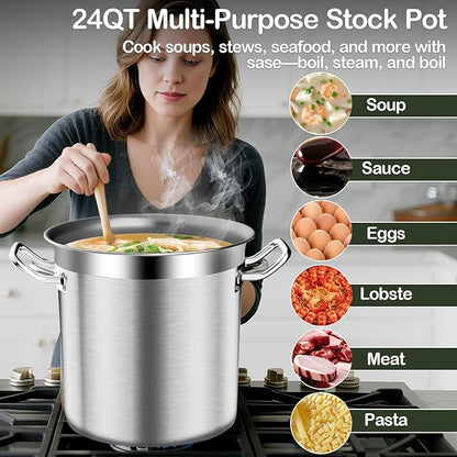 Stainless Steel Stock Pot-24QT Heavy Duty Induction Cooking Pot with Lid, Commercial Grade Stock Pot & Stockpots for Boiling Cooking Soup Stew Canning Cooking Pots, Deep Cookware, Big Stockpot