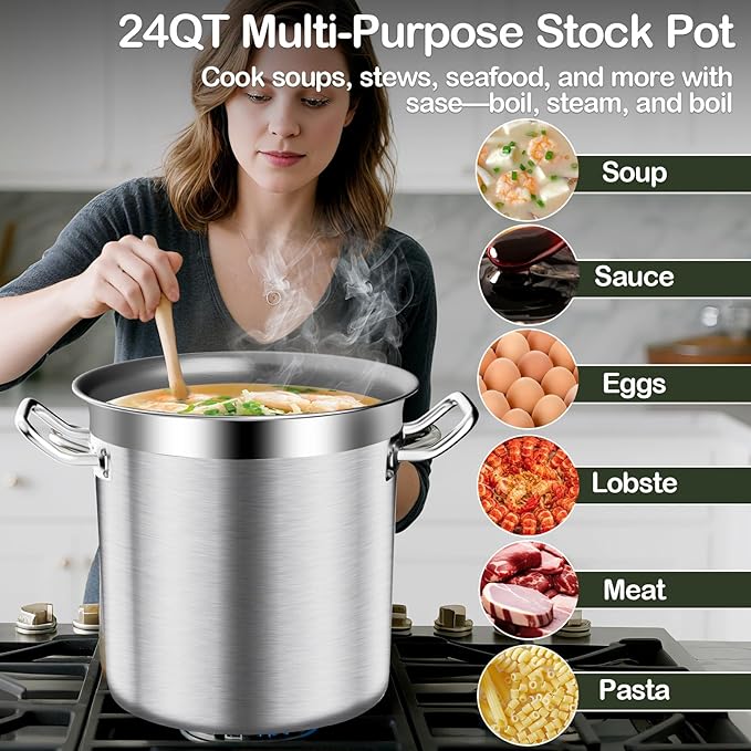 Stainless Steel Stock Pot-24QT Heavy Duty Induction Cooking Pot with Lid, Commercial Grade Stock Pot & Stockpots for Boiling Cooking Soup Stew Canning Cooking Pots,Big Stockpot, Deep Cookware