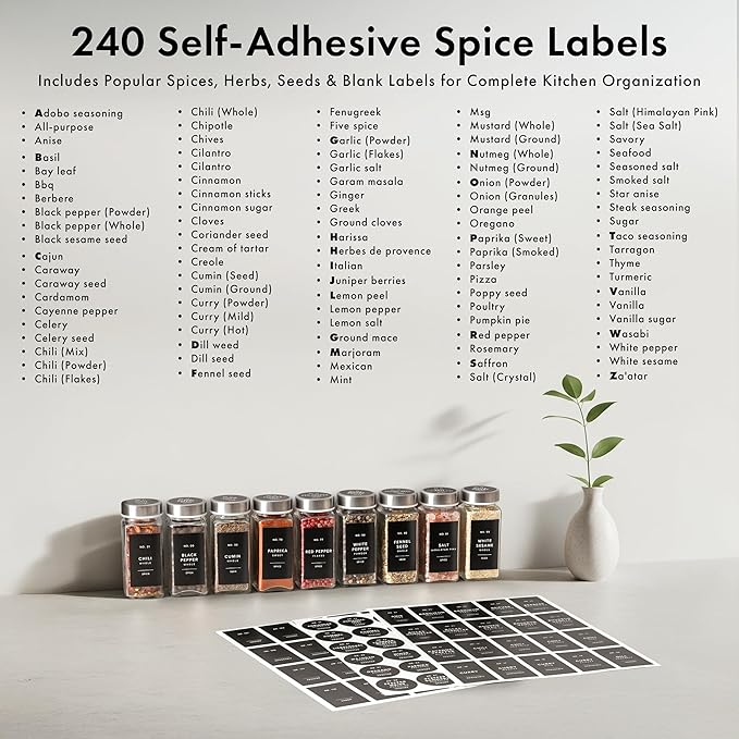 EDELHAUS Glass Spice Jars with Labels and Steel Lids (24 x 4oz) Spice Containers with 240 Label, Steel Funnel, Shaker Inserts, Empty Square Seasoning Organizer for Spice Rack, Cabinet, Drawer - Image 6