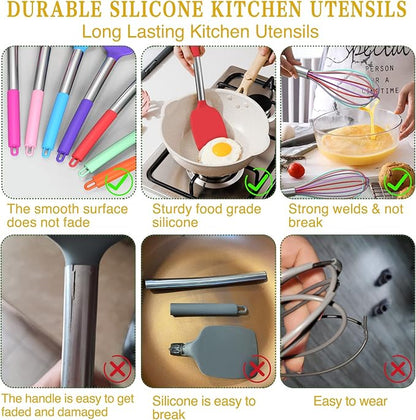 Umite Chef Kitchen Utensils Set, 15 pcs Silicone Cooking Kitchen Utensils Set, Non-stick Silicone Stainless Steel Handle Turner Spatula Spoon Tongs Whisk Cookware - Colorful - Image 7