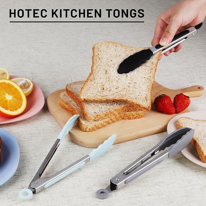 Hotec Mini Silicone Kitchen Tongs for Cooking - 7-Inch Small Serving Tongs with Silicone Tips, Set of 3 (Black,Grey,Light Blue) - Image 4