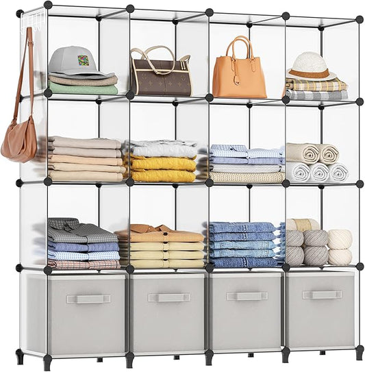 HOMIDEC Closet Organizers and Storage, 16 Cube Storage Organizer, Closet Organizer Bookshelf Cubes Shelves for Clothes, Bedroom, Kids Room, Bathroom, Wardrobe, Garment Racks, Transparent by DecorateYourHome