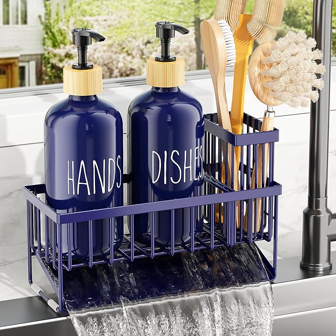 Cisily Navy Blue Kitchen Dish Soap Dispenser, 16 fl Oz Dual Kitchen Soap Dispensers with Sponge Holder, Customized Stainless Steel Kitchen Soap Dispenser Set, Modern Hand and Dish Soap Bottle Set by CISILYHOMELIFE