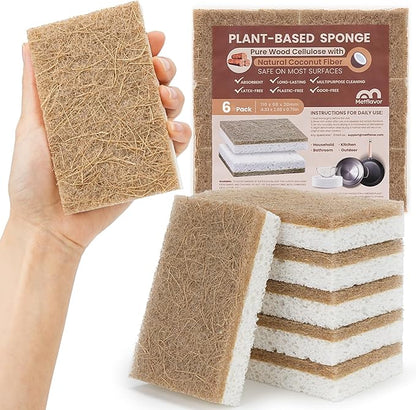 Metflavor 6 Pack Natural Kitchen Sponges, Biodegradable Non-Scratch Cellulose Sponge with Coconut Scrubber for Dishes, Compostable, Non Toxic Cleaning Sponges for Kitchen, Bathroom, Household