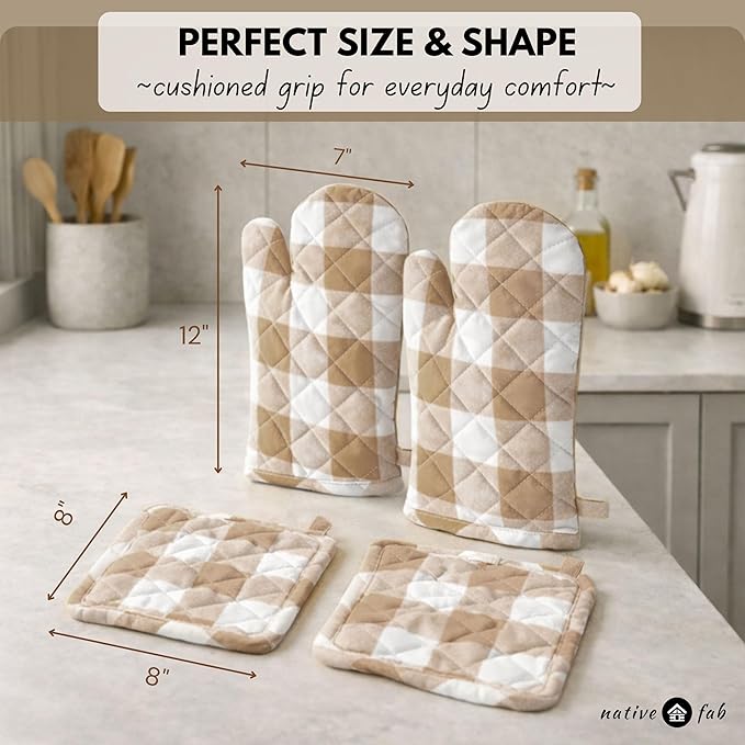 Native Fab Buffalo Plaid Check Oven Mitts and Pot Holders Set of 4, 100% Cotton Heat Resistant Kitchen Gloves, 2 Oven Mitts (7x13), 2 Pot Holders (8x8) for Cooking & Baking, Beige White - Image 4