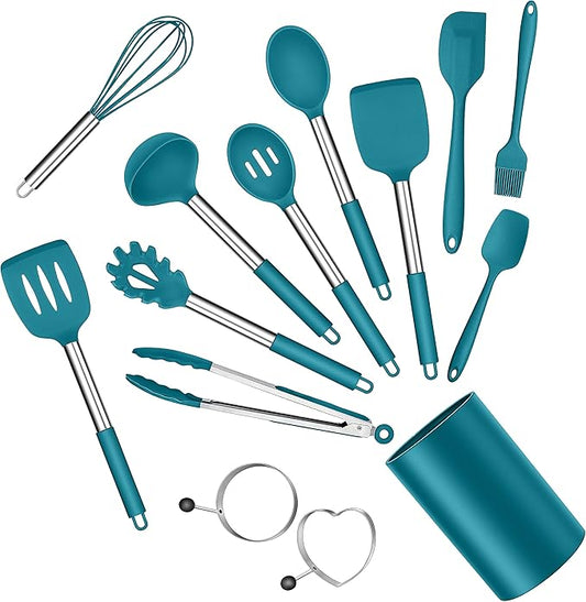 Silicone Cooking Utensils Set, E-far 14-Piece Blue Kitchen Utensils Set with Holder, Kitchen Tools Spatulas with Stainless Steel Handle for Non-stick Cookware, Heat Resistant & Dishwasher safe by E-far