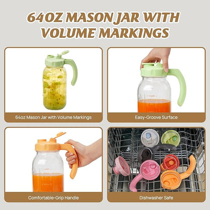 Soligt Glass Mason Jar Pitchers with Lids, Wide Mouth Flip Cap Pour Spout Leak-proof Lid with Handle, 64 oz/2 Quart, for Iced Coffee/Sun Tea Juice/Cold Brew/Milk (2 Pack, Tea Green + Carrot Orange)