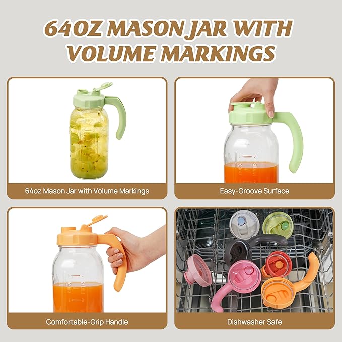 Soligt Glass Mason Jar Pitcher with Lid, Wide Mouth Flip Cap Pour Spout Leak-proof Lid with Handle, 64 oz (2 Quart / 1.9 Liter), for Iced Coffee/Sun Tea Juice/Cold Brew Coffee/Milk (1Pack, Tea Green)