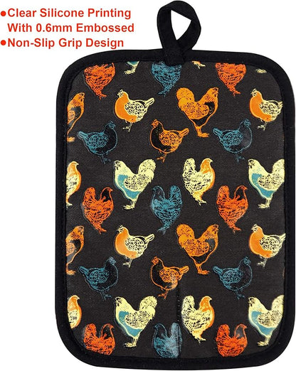 Pot Holders Set of 2 Heat Resistant 480 ℉Non Slip Clear Silicone Printed Comfortable Cotton Lining Kitchen Women Men Cooking Baking Microwave Machine Washable (Rooster, Black Potholders)