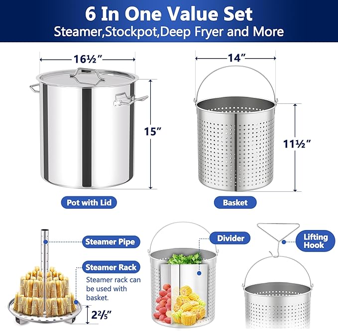 ARC 52QT Stainless Steel Stockpot for Crab Seafood Boiler Crawfish Pot with Basket and Steamer Rack, Outdoor Cooking Pot for Lobster Shrimp Boiling, Turkey Fryer and Tamales Steamer, 13 Gal - Image 2