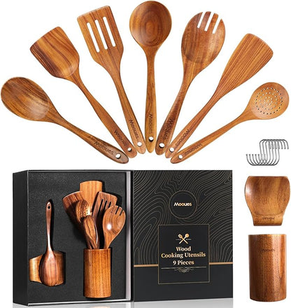 Wooden Spoons for Cooking, 9 PCS Teak Wood Cookware Utensil Set - Smooth Finish, Non-Stick, Comfortable Grip, Heat Resistant Kitchen Utensils Gift Box by Mooues