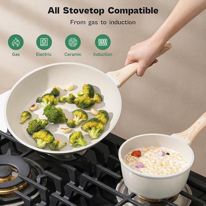 13 Pcs Pots and Pans Set, Nonstick Cookware Sets White Granite Induction Cookware, Non-toxic Healthy Non stick Kitchen Cooking Set with Frying Pans Set, Saucepans (PFAS/PFOA/PFOS Free) - Image 4