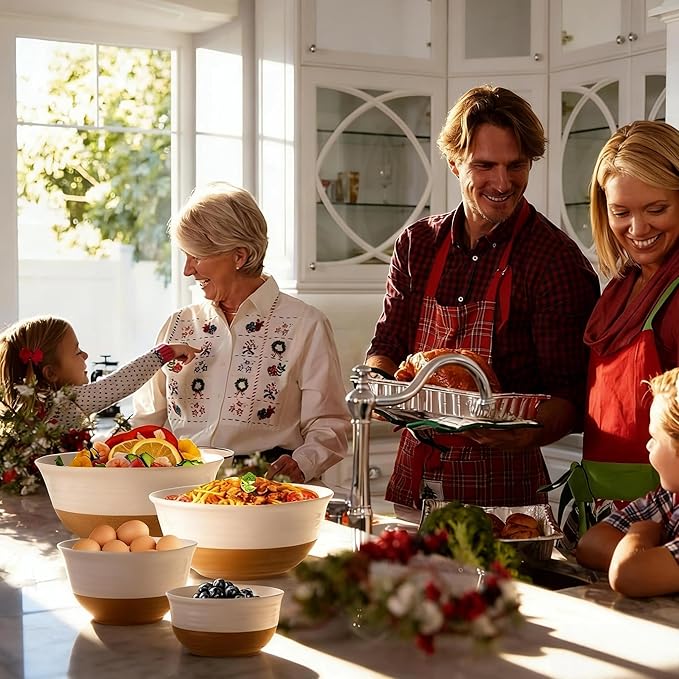 HASENSE Nesting Ceramic Mixing Bowls Set of 4, 2.1/1.5/1.0/0.5 Qt White & Terracotta Stoneware Bowls, Farmhouse Bowls for Cooking, Prepping, Salad & Soup, Dishwasher & Microwave Safe, Serving Dishes - Image 2
