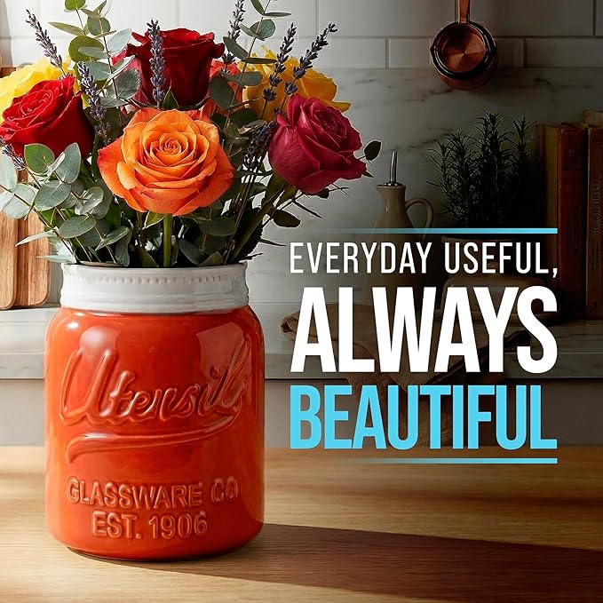 Comfify Wide Mouth Mason Jar Utensil Holder Decorative Kitchenware Organizer Crock, Dishwasher Safe - Kitchen Caddy, Large Size 7" High - Coral - Image 5