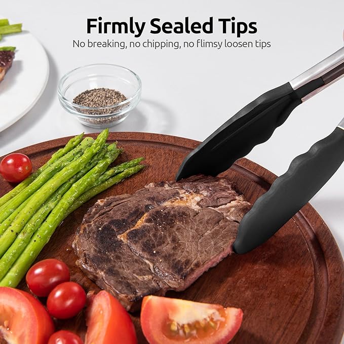 600ºF Heat Resistant Kitchen Tong: U-Taste 7 inch Silicone Cooking Tong with Firm Sealed Non Stick Rubber Tips & Silicon Coated 18/8 Stainless Steel Handle & Smooth Locking for Serving Salad (Black) - Image 9