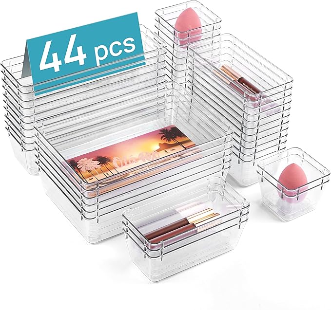 Vtopmart 44 PCS Clear Plastic Drawer Organizers Set, 4-Size Versatile Bathroom and Vanity Organizer Trays, Non-Slip Storage Containers for Makeup, Jewelries, Bedroom，Kitchen Utensils and Office by Vtopmart