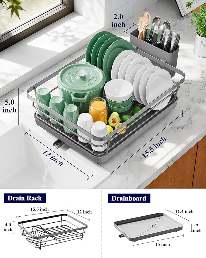 Kitsure Dish Drying Rack for Kitchen Counter, Stainless Steel Sink Organization and Storage Essentials with Cutlery Holder, Home and Appartment Decor, 12''W x 15.5''L, Grey - Image 2