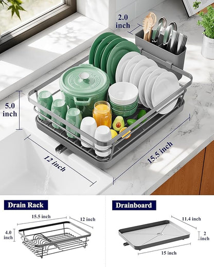 Kitsure Dish Drying Rack for Kitchen Counter, Stainless Steel Sink Organization and Storage Essentials with Cutlery Holder, Home and Appartment Decor, 12''W x 15.5''L, Grey - Image 2
