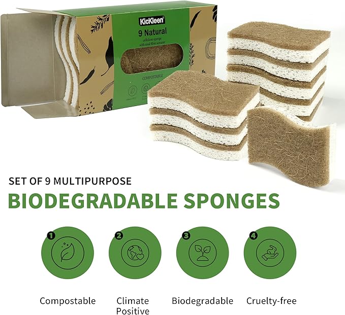 9 Pack Biodegradable Natural Kitchen Sponge - Compostable Cellulose and Coconut Walnut Scrubber Sponge - Eco Friendly Sustainable Sponges for Dishes - Image 2